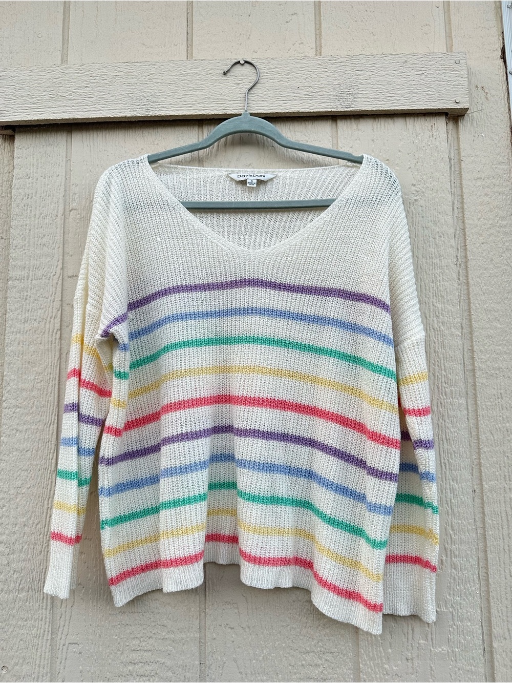 DAVI & DANI Ivory V-Neck Sweater with Multicolor Stripes